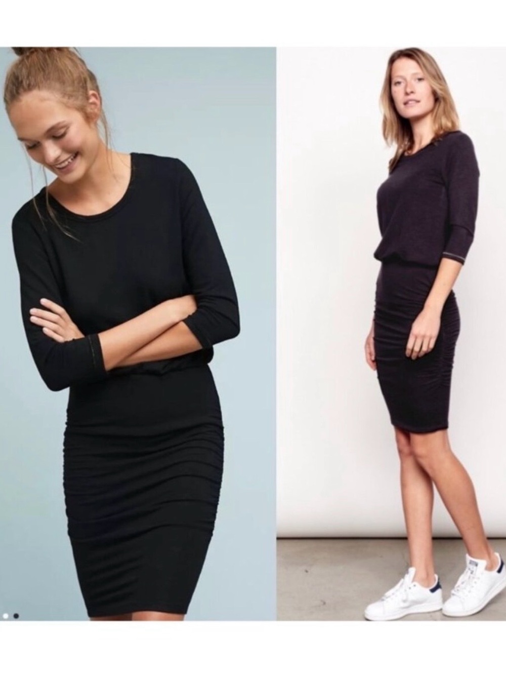 Sundry Ruched Blouson Dress Size XS Black Gold Thread Stretch Knit Mini Capsule